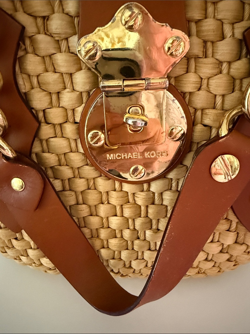 Michael Kors Tan Woven Straw Tote with Brown Leather & Gold Hardware - Picture 10 of 12